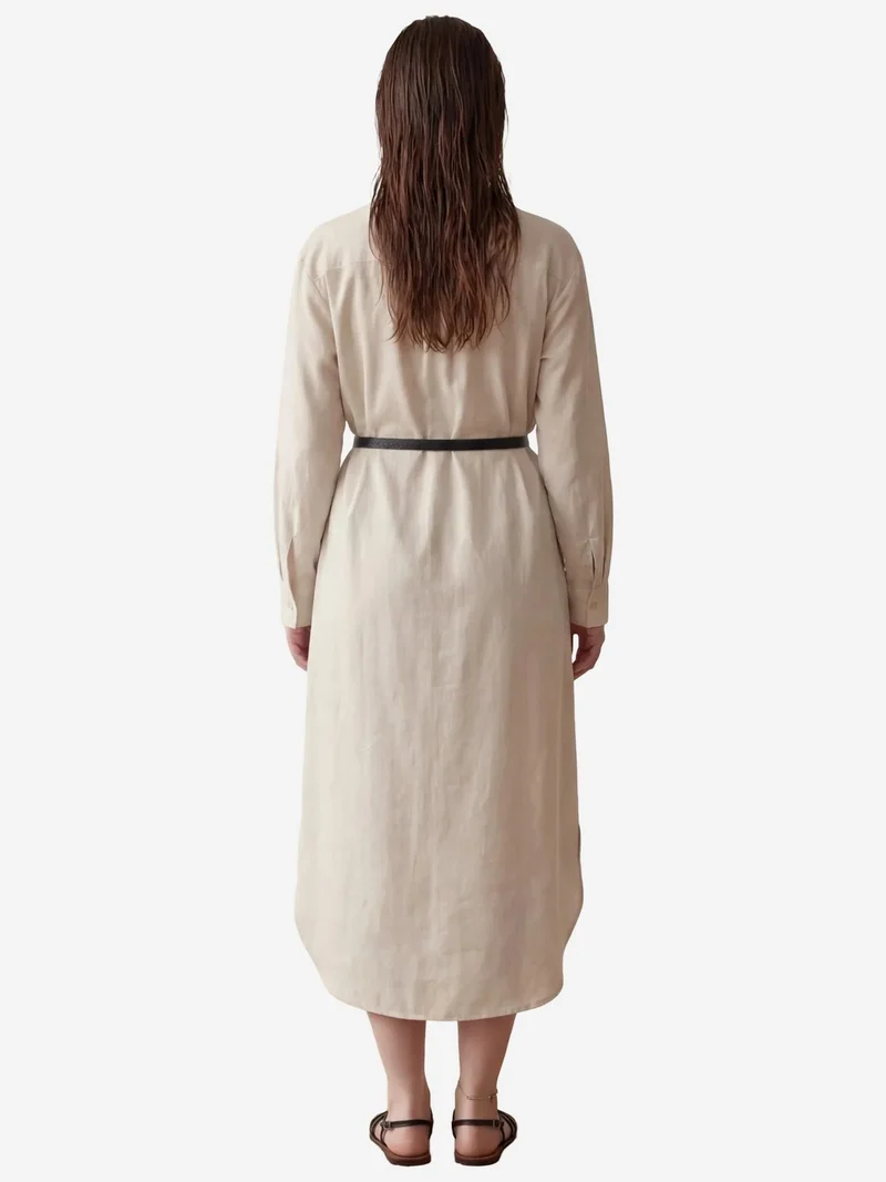 MY FASHION Beige Natural MY FASHION Linen Blend Midi Dress with Button Closure and Pocket for Women | Best Price UAE